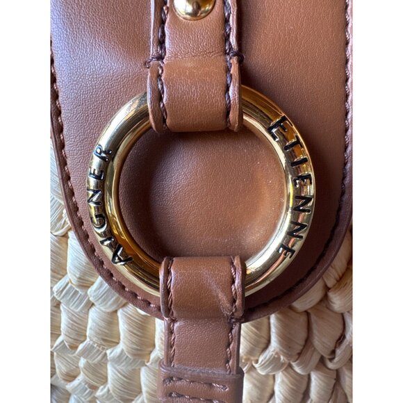 Etienne Aigner Corn Husk Woven Tote Bag Brown Leather Trim Retro Summer Chic - Picture 3 of 13